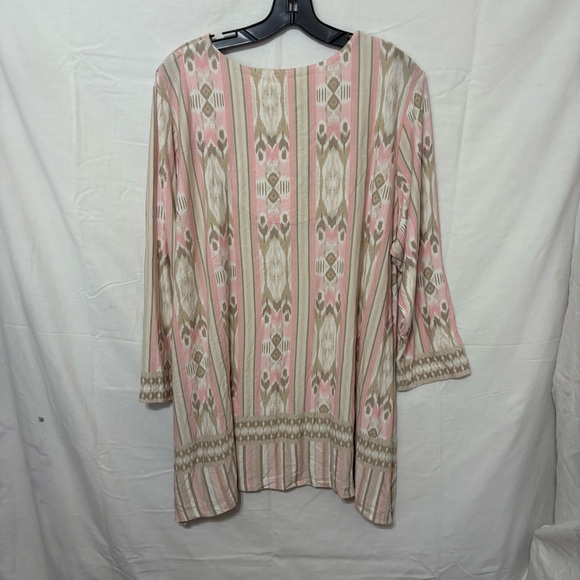 Ruby Rd. women's apparel tunic with a pink, beige, and gray ikat pattern. - Picture 4 of 8